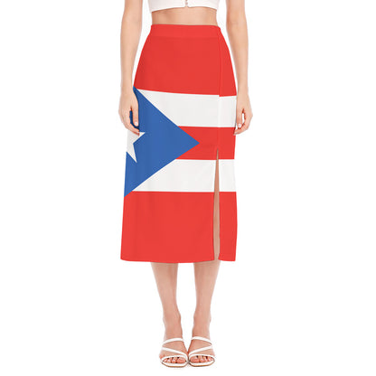 Puerto Rican Flag Print Side Slit Midi Skirt