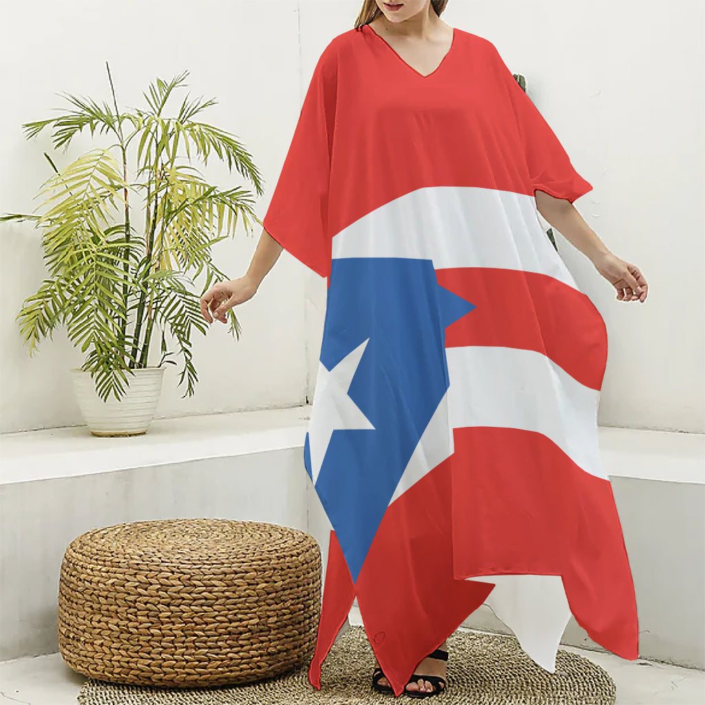 Puerto Rican Flag Print Silk V-Neck Kaftan Dress