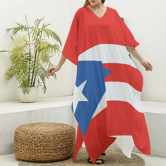 Puerto Rican Flag Print Silk V-Neck Kaftan Dress