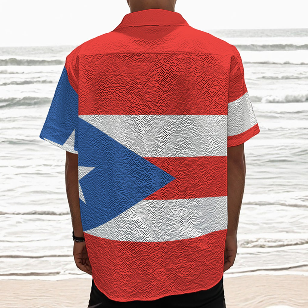 Puerto Rican Flag Print Textured Short Sleeve Shirt