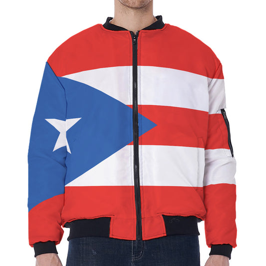 Puerto Rican Flag Print Zip Sleeve Bomber Jacket