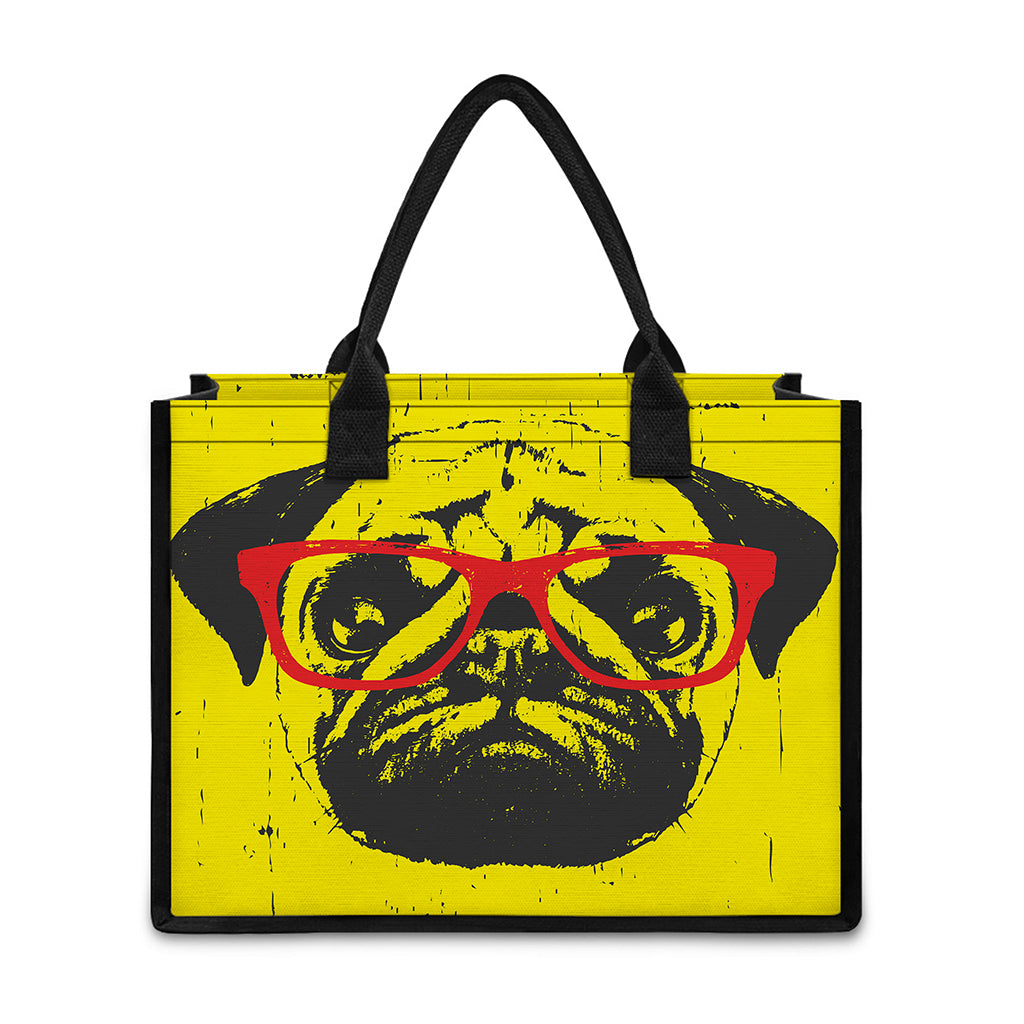 Pug With Glasses Portrait Print Canvas Tote Bag