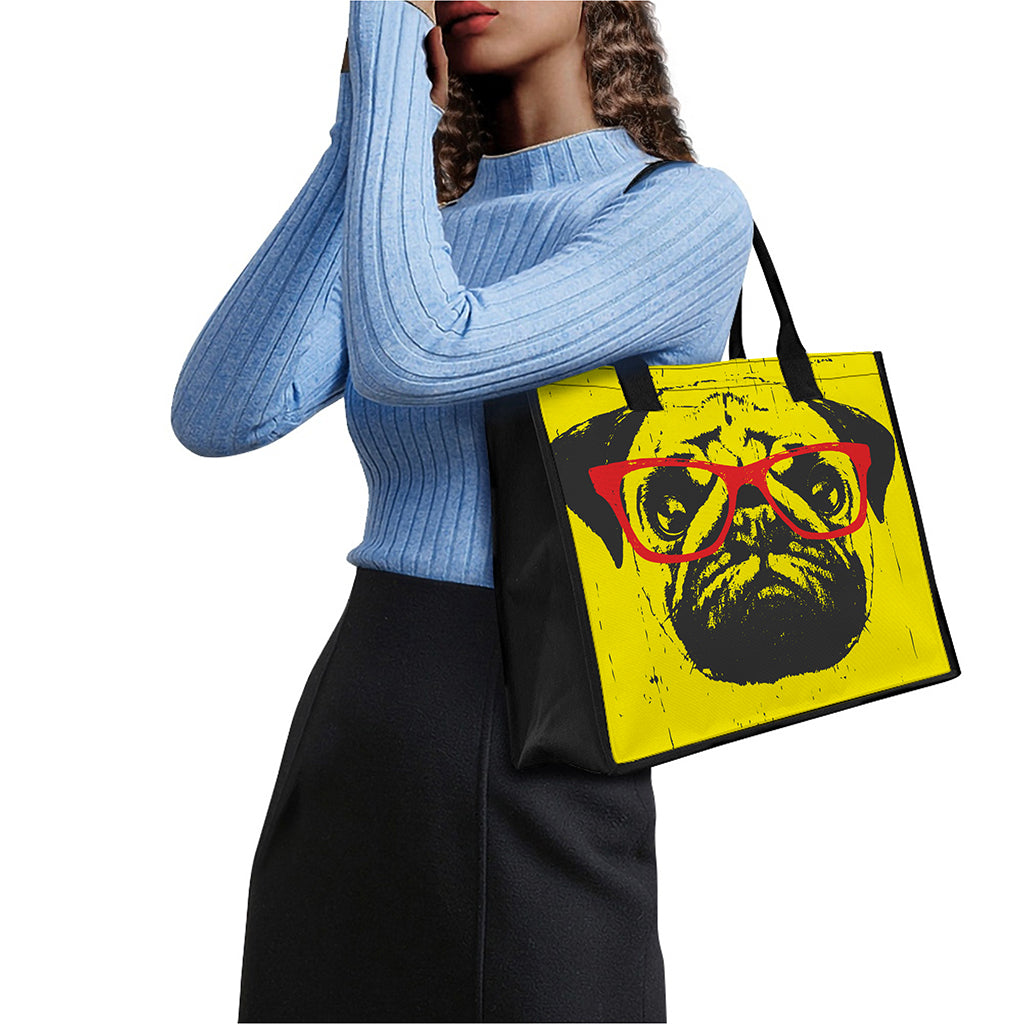 Pug With Glasses Portrait Print Canvas Tote Bag