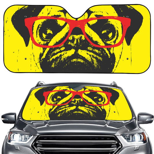 Pug With Glasses Portrait Print Car Windshield Sun Shade