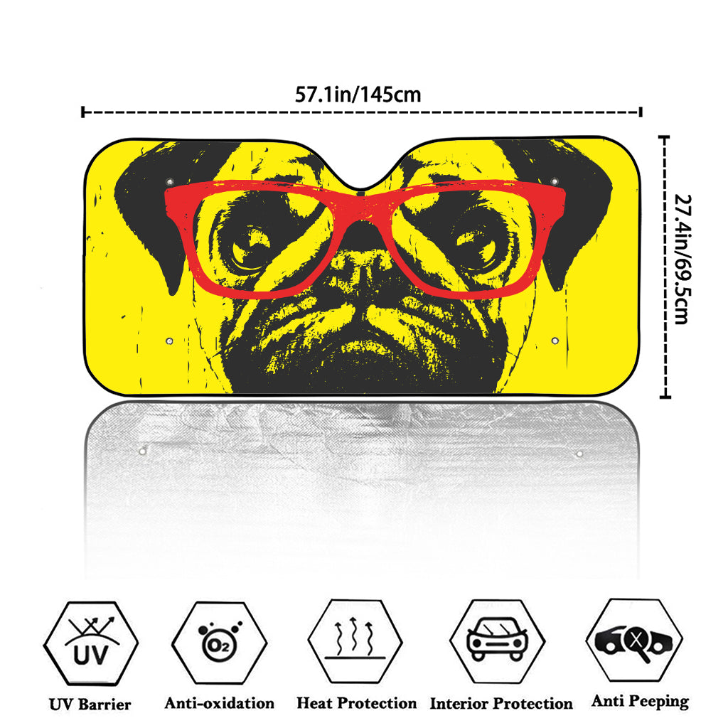 Pug With Glasses Portrait Print Car Windshield Sun Shade