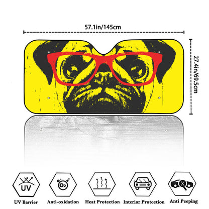 Pug With Glasses Portrait Print Car Windshield Sun Shade