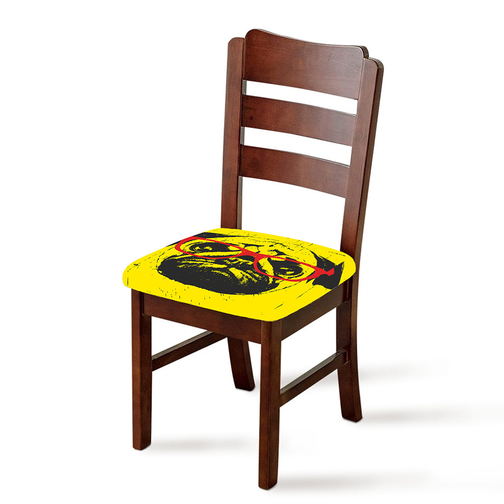 Pug With Glasses Portrait Print Chair Cushion Cover