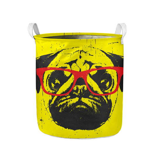 Pug With Glasses Portrait Print Collapsible Laundry Basket
