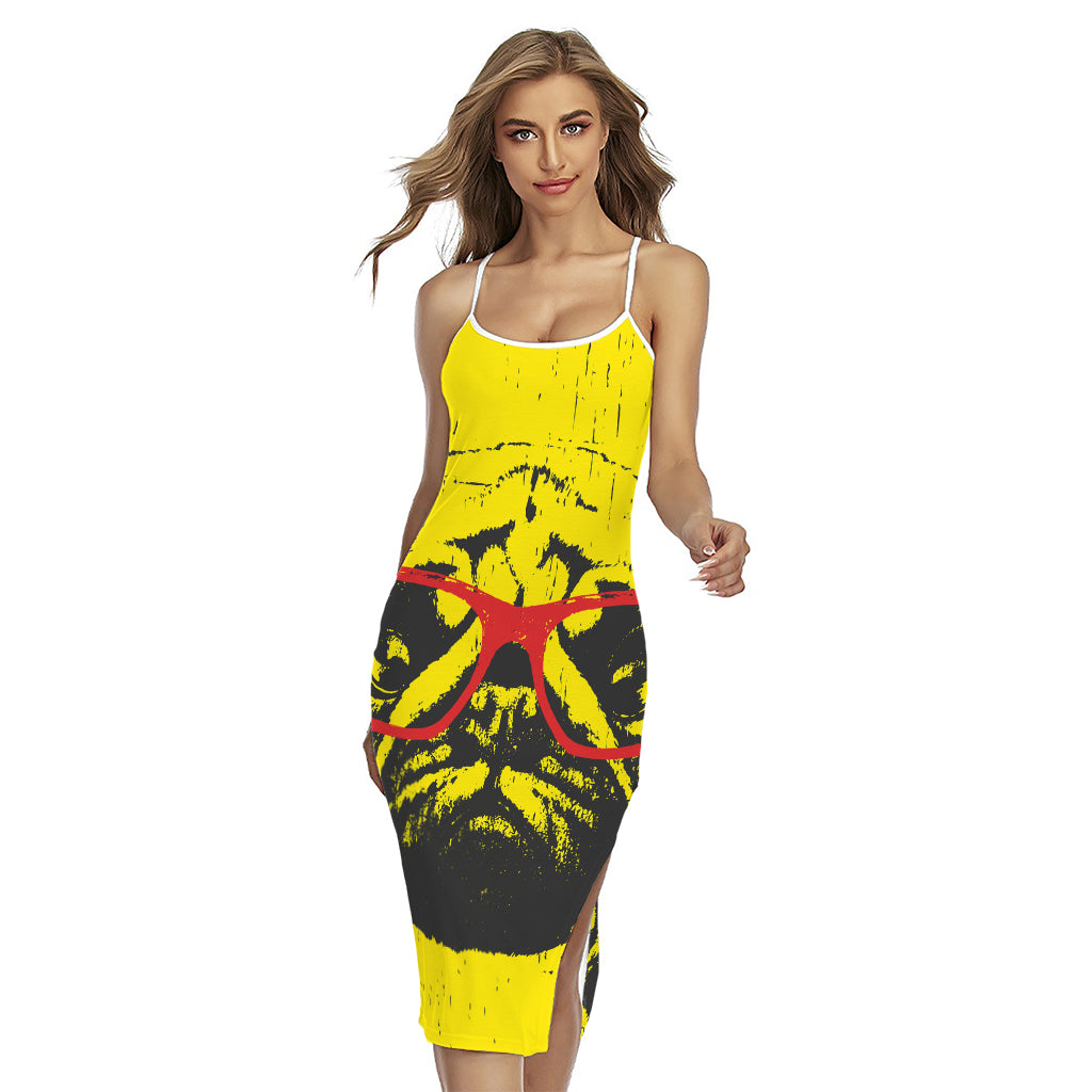 Pug With Glasses Portrait Print Cross Back Cami Dress