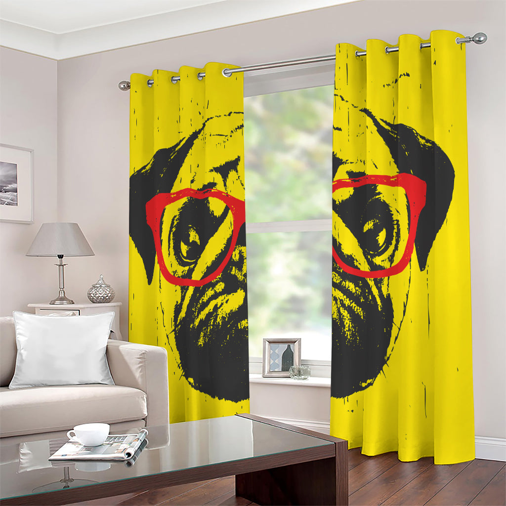Pug With Glasses Portrait Print Extra Wide Grommet Curtains