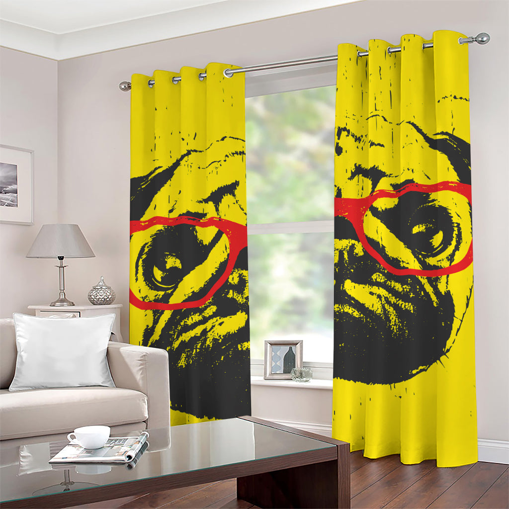 Pug With Glasses Portrait Print Grommet Curtains