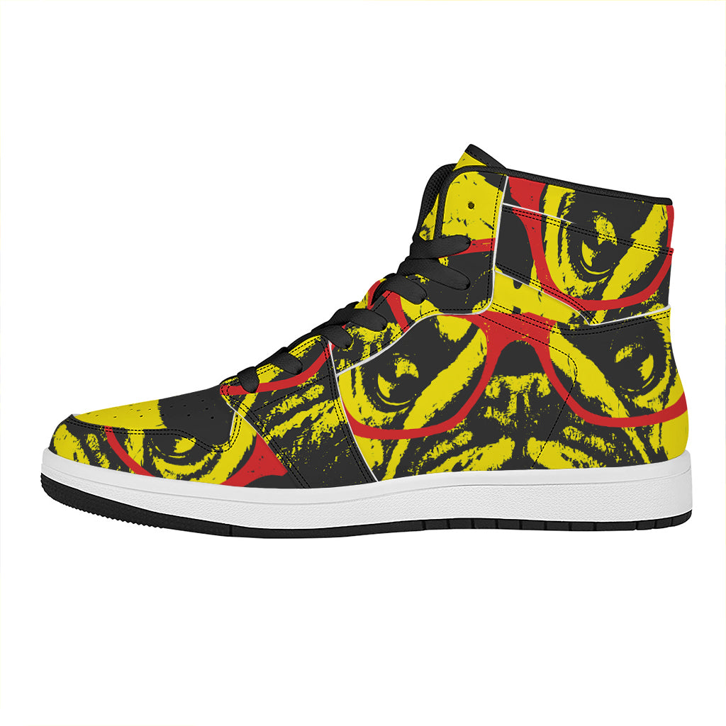 Pug With Glasses Portrait Print High Top Leather Sneakers