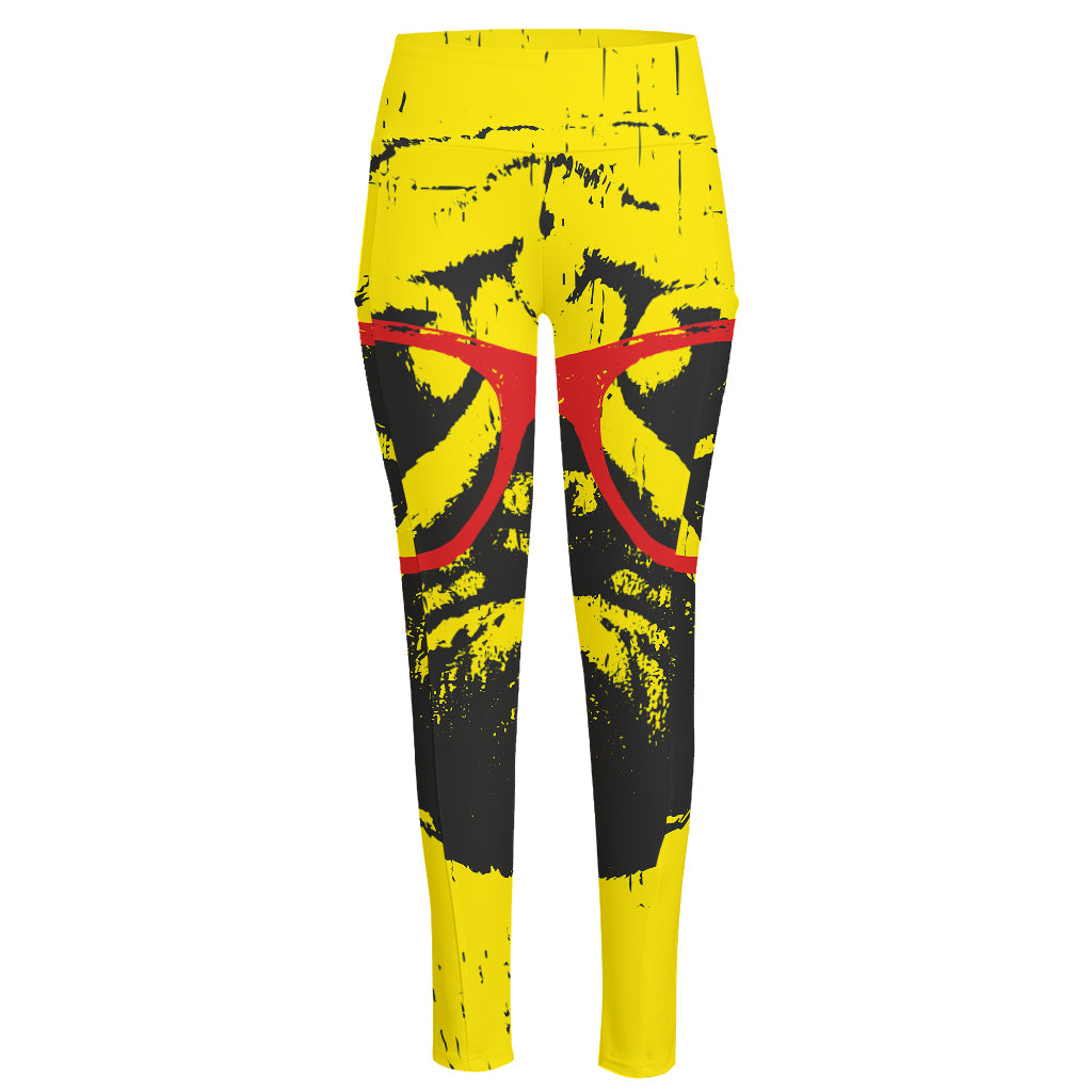Pug With Glasses Portrait Print High-Waisted Pocket Leggings