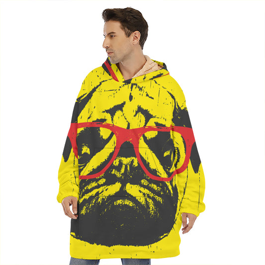 Pug With Glasses Portrait Print Hoodie Blanket