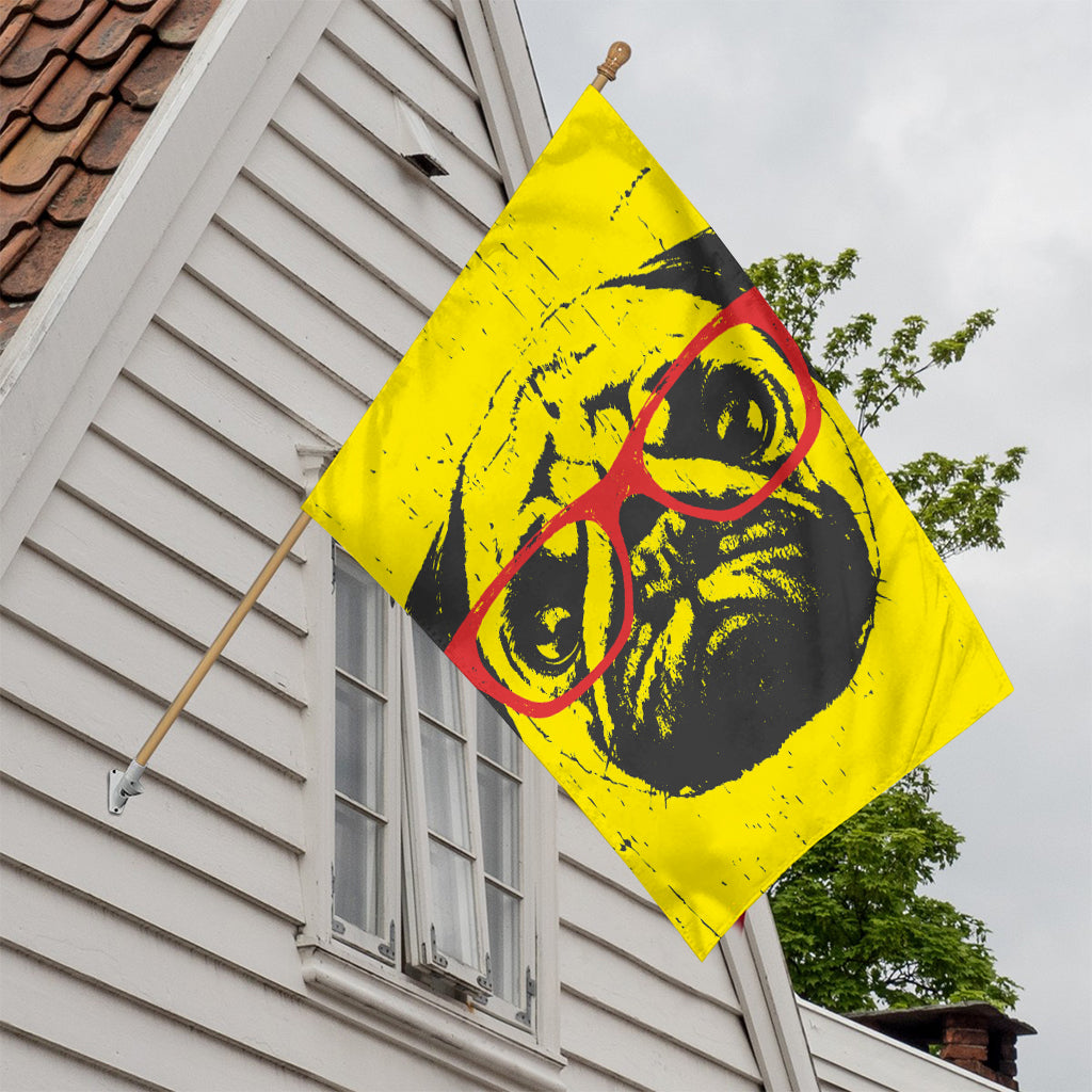 Pug With Glasses Portrait Print House Flag