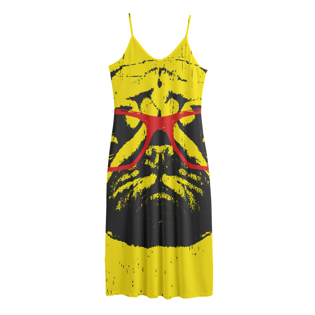 Pug With Glasses Portrait Print Jersey Midi Cami Dress