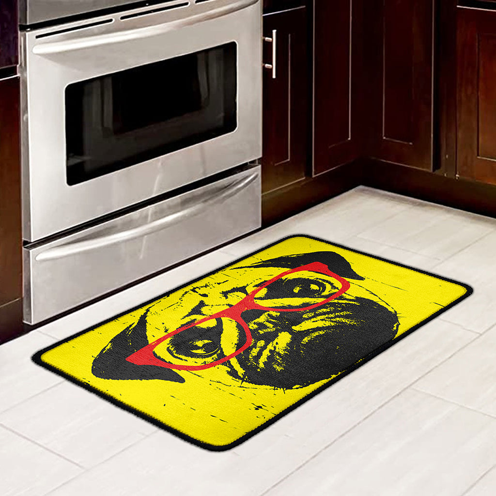 Pug With Glasses Portrait Print Kitchen Mat