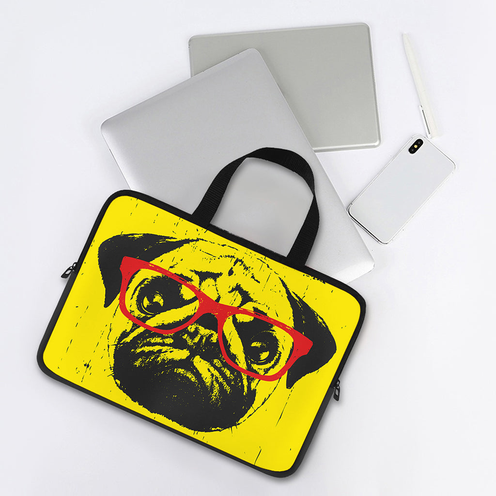 Pug With Glasses Portrait Print Laptop Sleeve With Handle