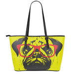 Pug With Glasses Portrait Print Leather Tote Bag