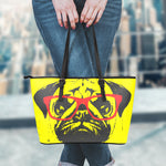 Pug With Glasses Portrait Print Leather Tote Bag