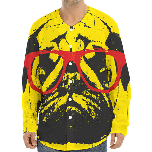 Pug With Glasses Portrait Print Long Sleeve Baseball Jersey