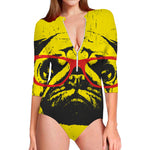 Pug With Glasses Portrait Print Long Sleeve Swimsuit