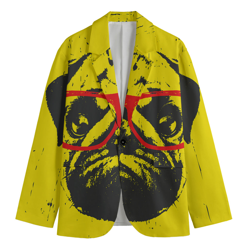 Pug With Glasses Portrait Print Men's Cotton Blazer