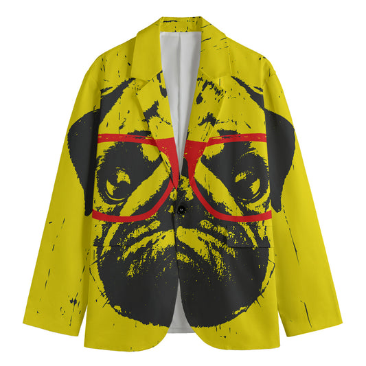 Pug With Glasses Portrait Print Men's Cotton Blazer