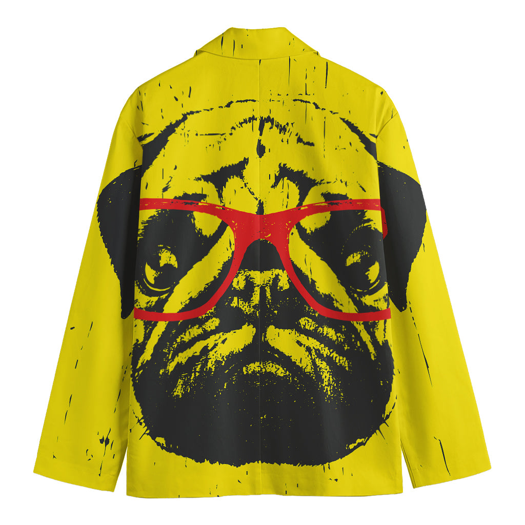 Pug With Glasses Portrait Print Men's Cotton Blazer