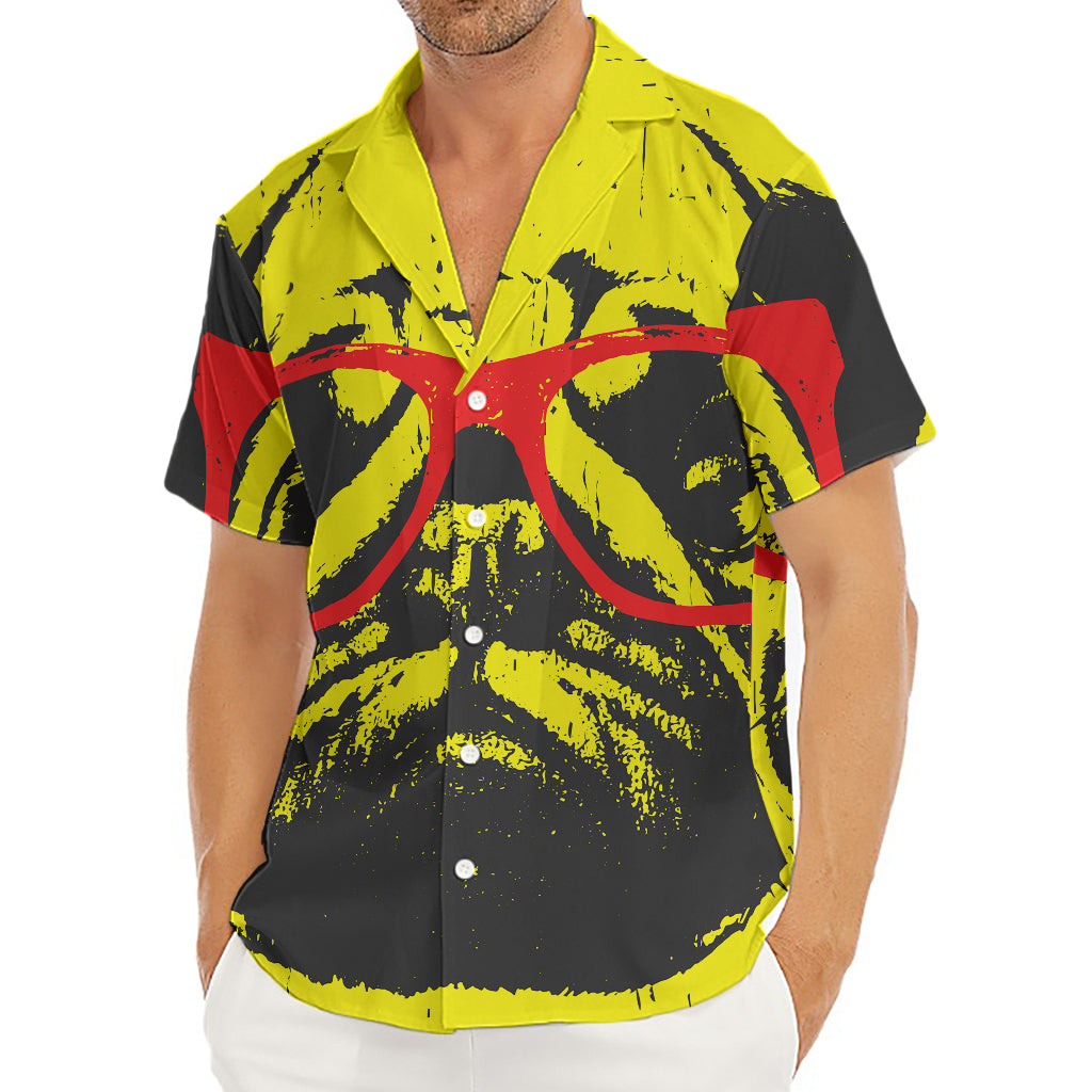 Pug With Glasses Portrait Print Men's Deep V-Neck Shirt