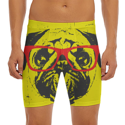Pug With Glasses Portrait Print Men's Long Boxer Briefs