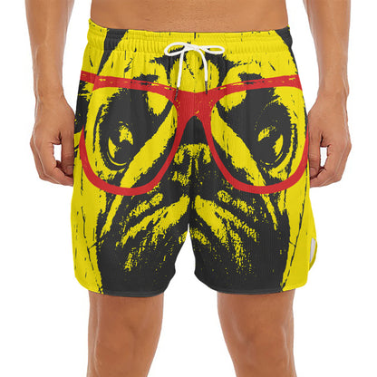 Pug With Glasses Portrait Print Men's Split Running Shorts