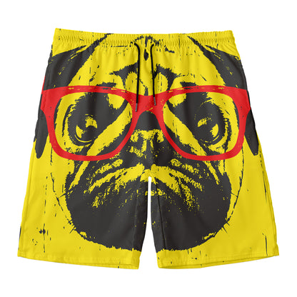 Pug With Glasses Portrait Print Men's Swim Trunks
