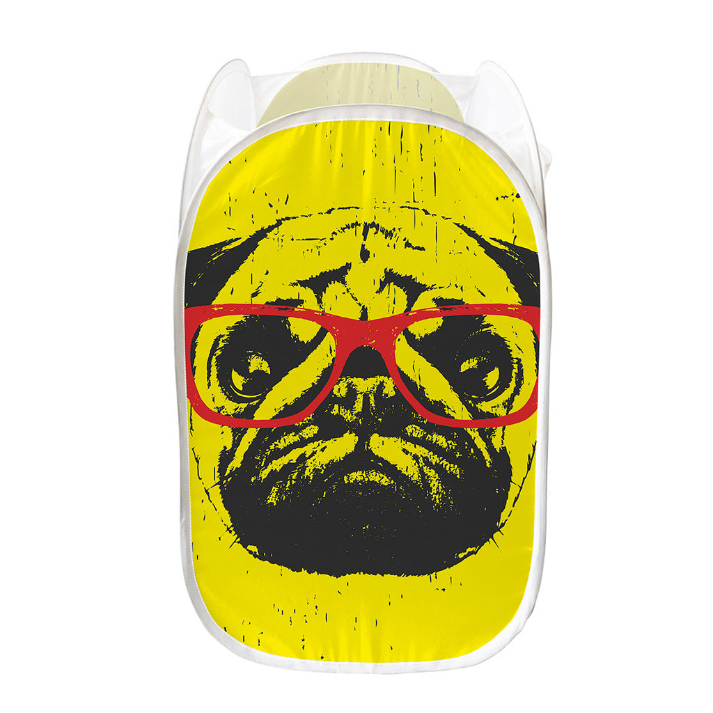Pug With Glasses Portrait Print Mesh Laundry Hamper