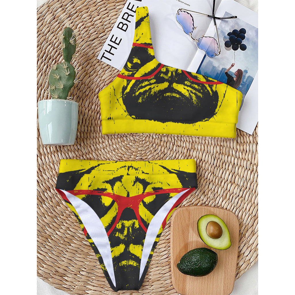 Pug With Glasses Portrait Print One Shoulder Bikini Top