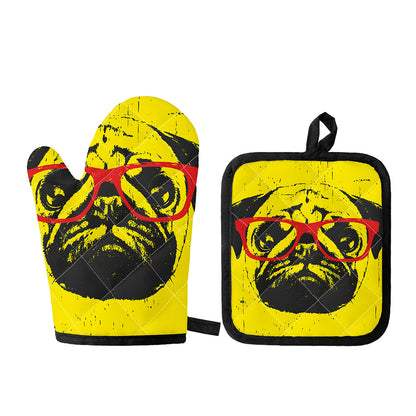 Pug With Glasses Portrait Print Oven Mitt And Pot Holder Set