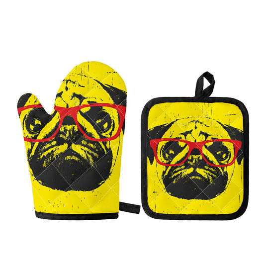 Pug With Glasses Portrait Print Oven Mitt And Pot Holder Set