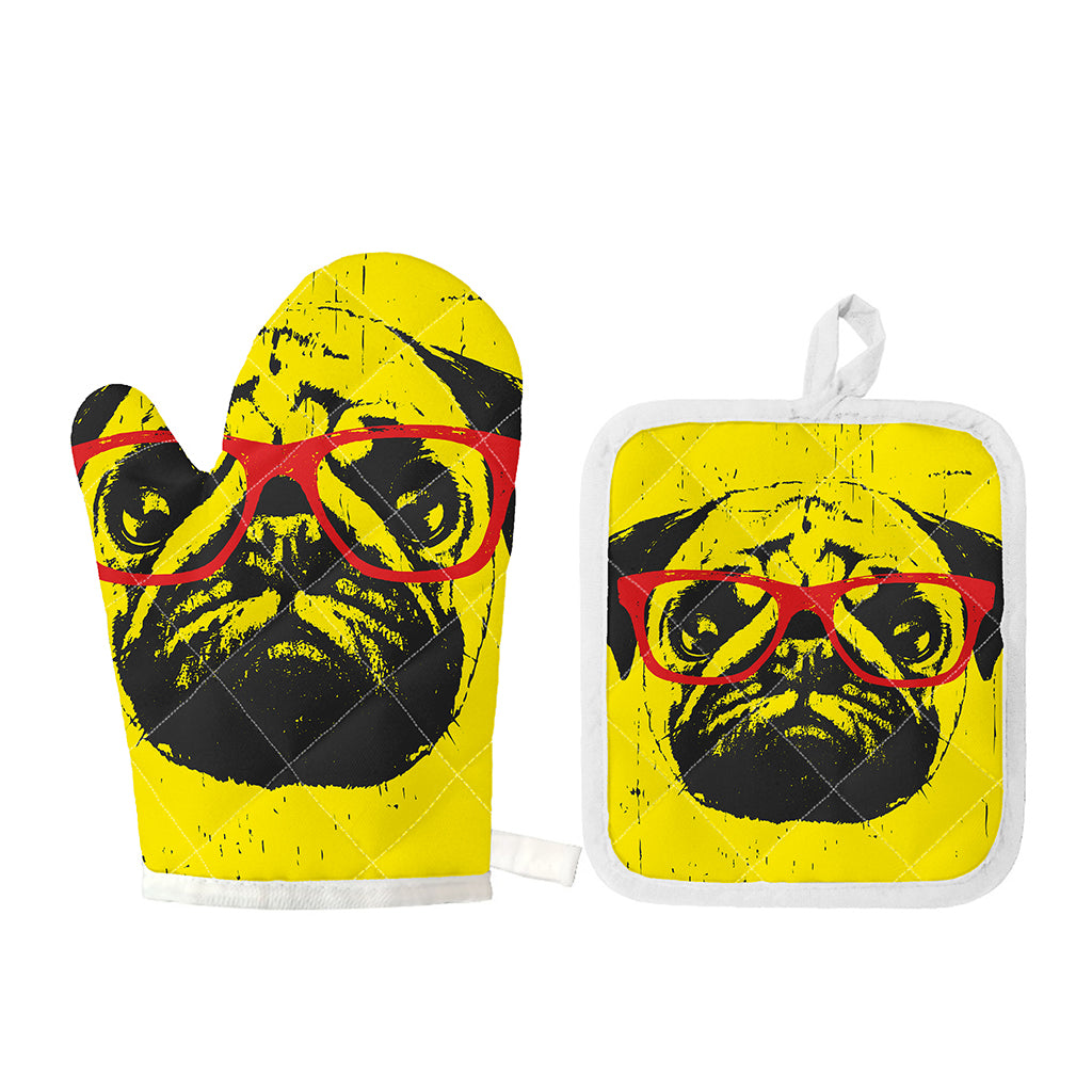 Pug With Glasses Portrait Print Oven Mitt And Pot Holder Set