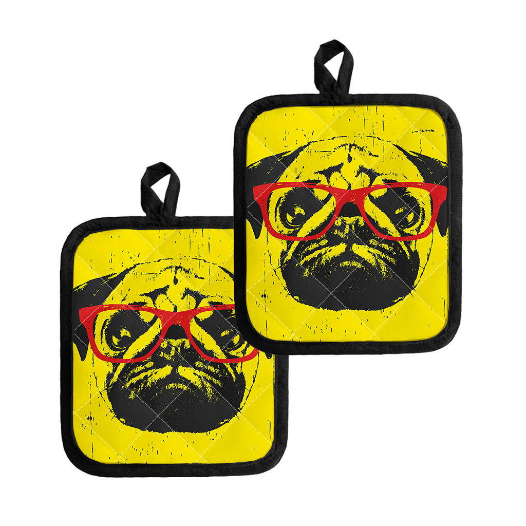 Pug With Glasses Portrait Print Pot Holders