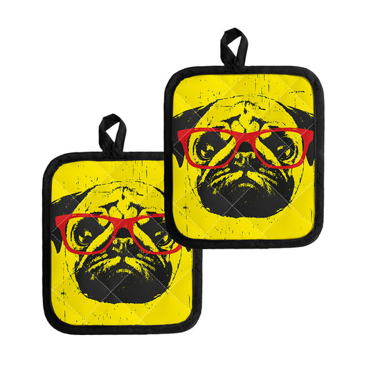Pug With Glasses Portrait Print Pot Holders