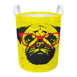 Pug With Glasses Portrait Print Round Laundry Basket