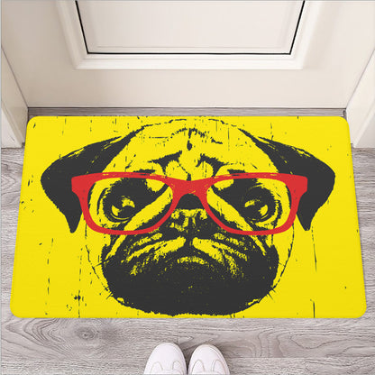 Pug With Glasses Portrait Print Rubber Doormat