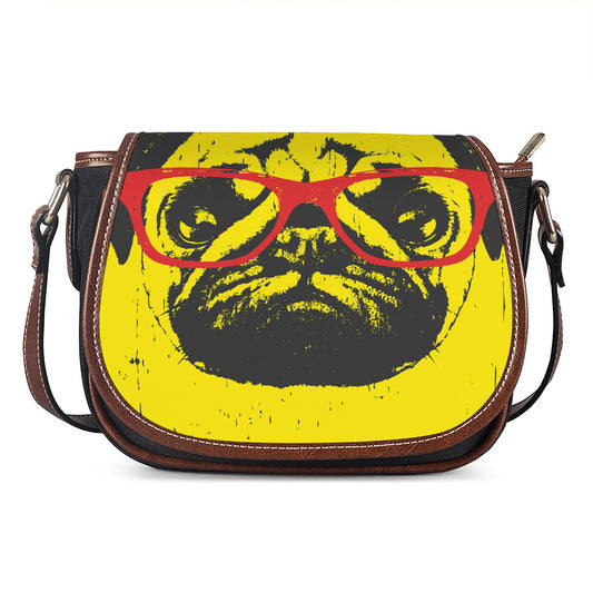 Pug With Glasses Portrait Print Saddle Bag