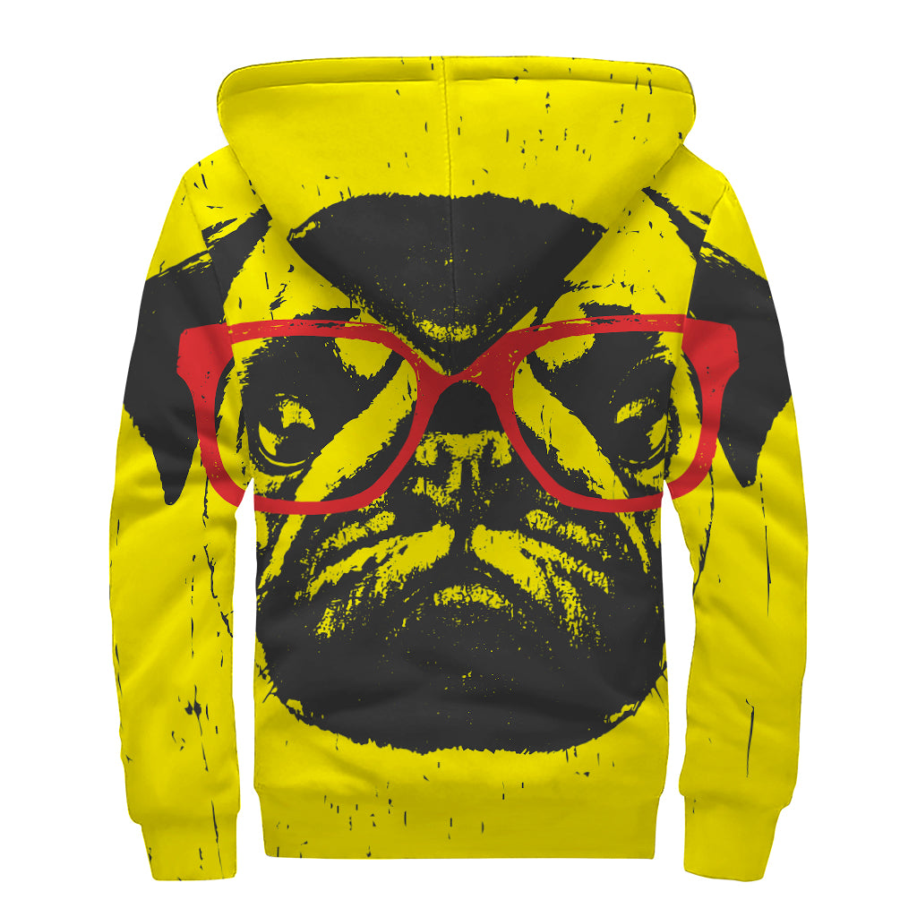 Pug With Glasses Portrait Print Sherpa Lined Zip Up Hoodie