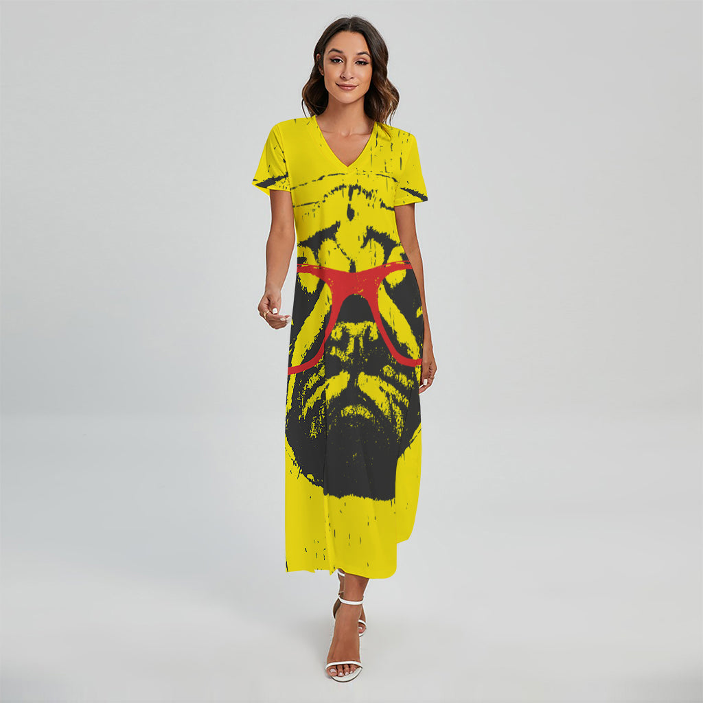 Pug With Glasses Portrait Print Short Sleeve Maxi Dress