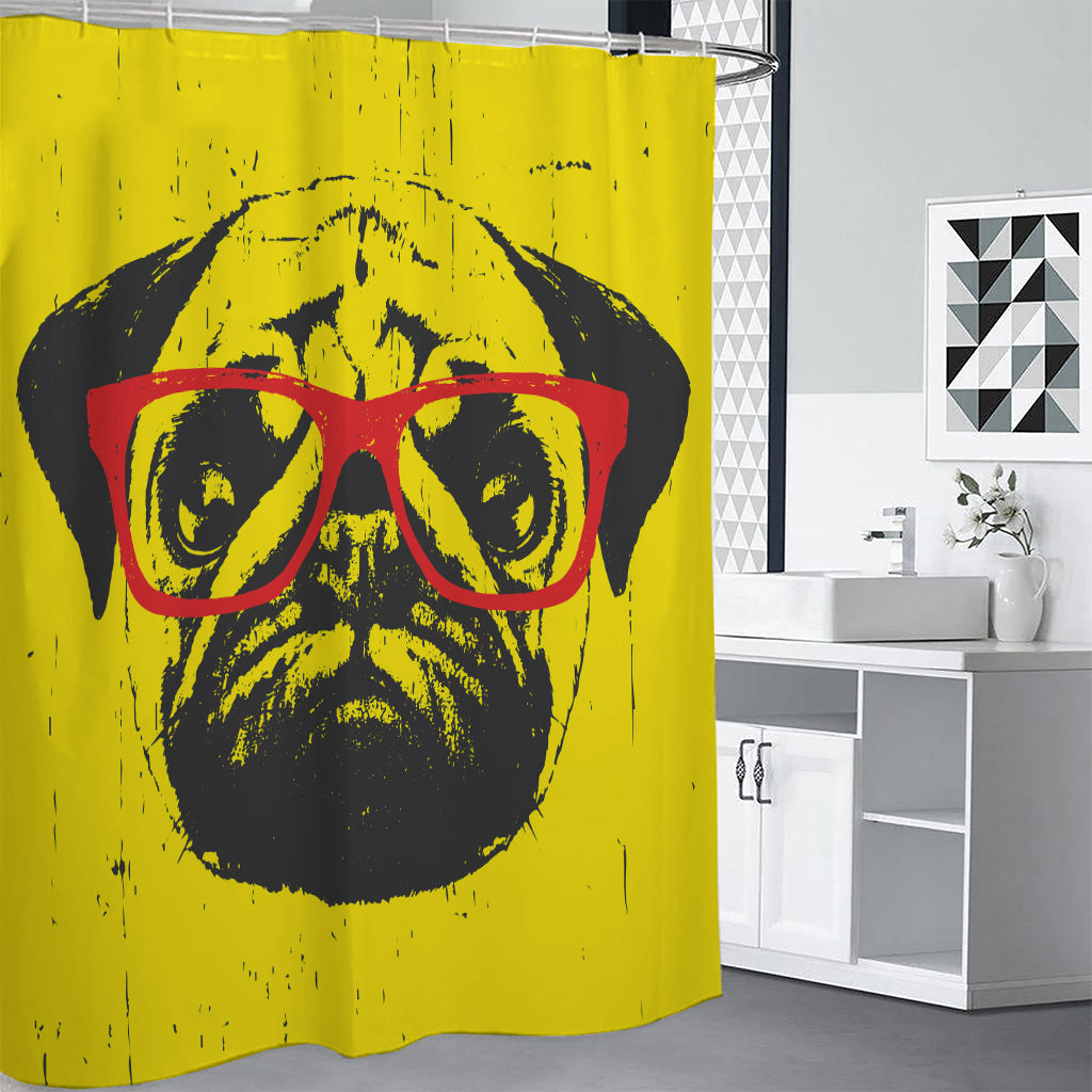 Pug With Glasses Portrait Print Shower Curtain