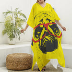 Pug With Glasses Portrait Print Silk V-Neck Kaftan Dress
