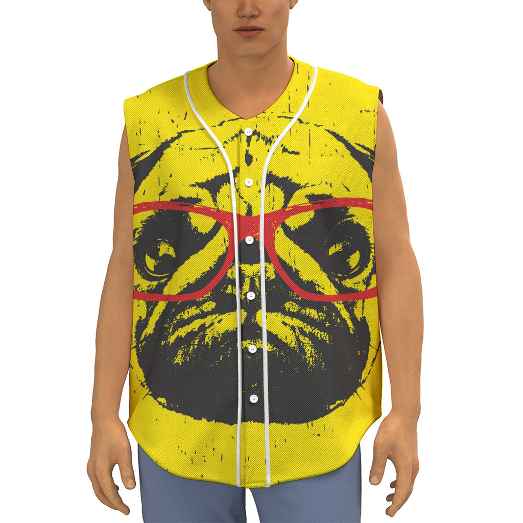 Pug With Glasses Portrait Print Sleeveless Baseball Jersey