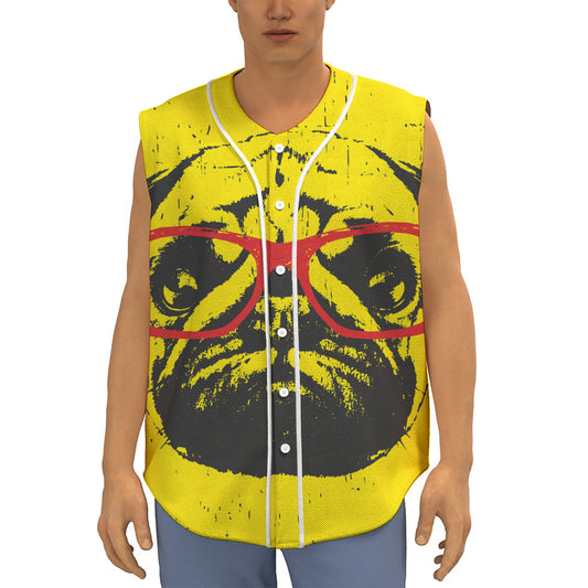 Pug With Glasses Portrait Print Sleeveless Baseball Jersey