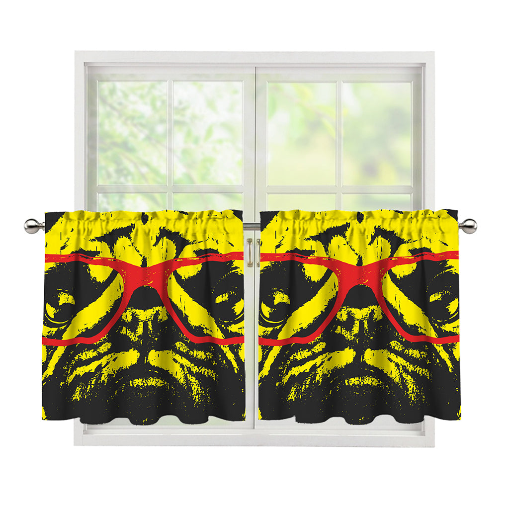 Pug With Glasses Portrait Print Tier Curtains